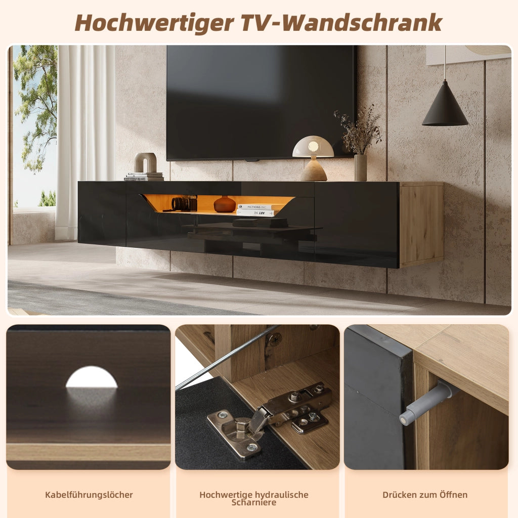 Cassettiera per TV beige e nero in truciolare; lunghezza 180 cm