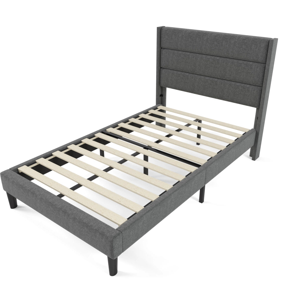 Letto singolo imbottito 90x200 cm con struttura in lino grigio con testiera design moderno versatile per ambienti giovanili