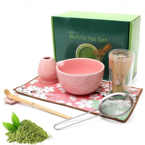 Set per Matcha, 7 pezzi, set per preparazione Matcha, ciotola ceramica con imbuto e set per frugge di Matcha, supporto per set di frugge, set di frugge in bambù, set per pulire e tovagliolo, garde per Matcha, set regalo per appassionati di Matcha (rosa)