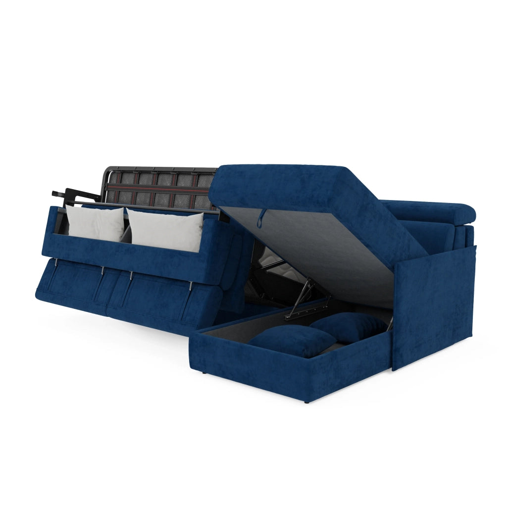 Miryam divano letto angolare compatto - poggiatesta reclinabili e penisola contenitore in tessuto smacchiabile T31 232 cm sinistro blu