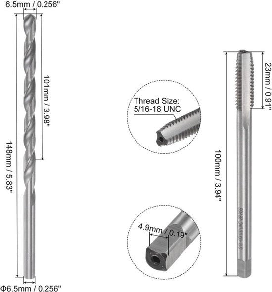 Freccia per filo - Set di punte e bit - 5/16-18 UNC - Lunghezza extra - Flusso H2 rettilineo - Acciaio HSS - Trapano a spirale - Adatto per trapani - Colorazione grigio argento - Compatibile con trapani per motori