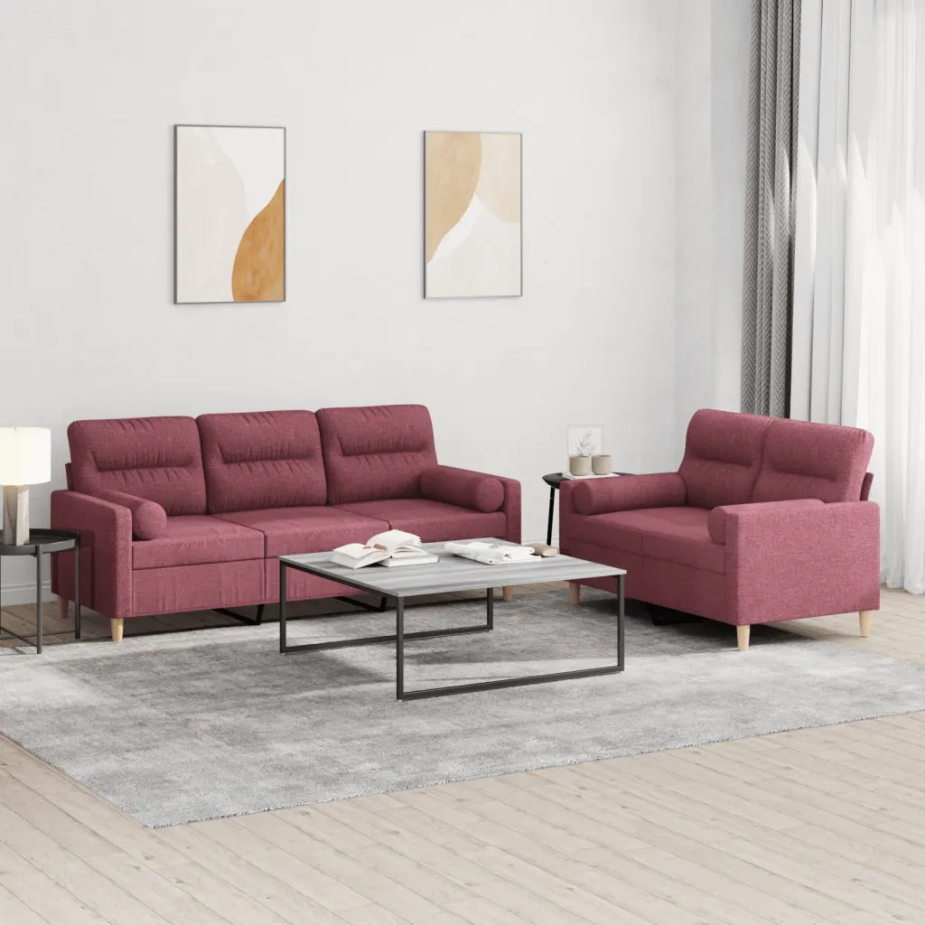 Set di Divani 2 pz con Cuscini Rosso Vino in Tessuto 3201622