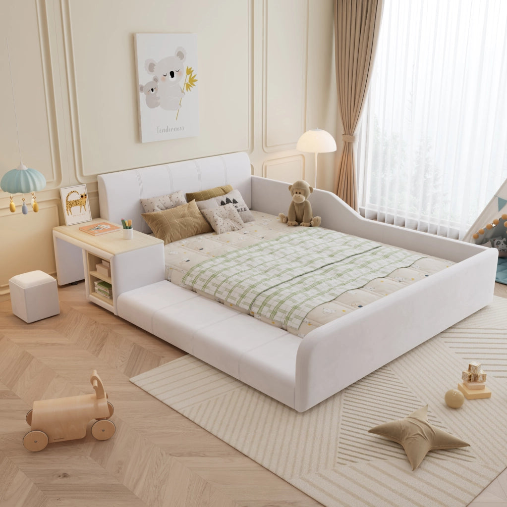 Letto imbottito per bambini con scrivania, sgabello e ripiano 140x200 cm bianco