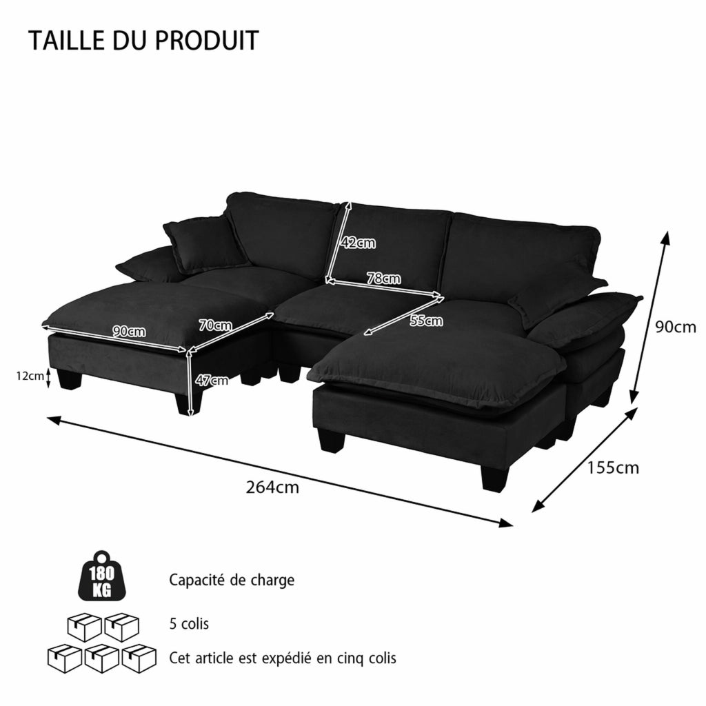 Divano modulare a U con ottomane mobili e cuscini, rivestimento in chenille nero 263 × 151 × 90 cm
