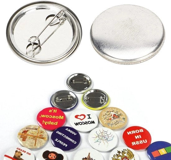 Badge in metallo con pulsante rosso - 100 pezzi - Adatto per accessori - Oggetti da souvenir - vetro - pulsante chiaro - 32mm.