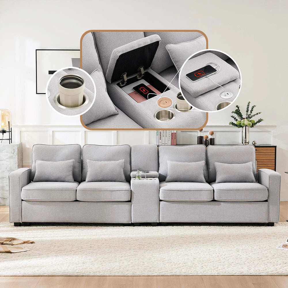 Divano 4 posti - Xylo - in lino con console 2 USB tasche braccioli