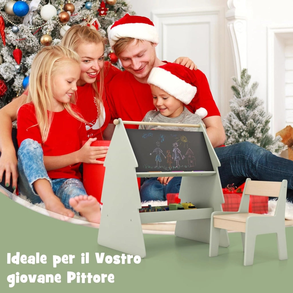 Cavalletto a Forma di Albero per Bambini con Sgabello, Set Tavolo e Sgabello con Cavalletto a 2 Lati e Scaffale per Riporre, Cavalletto da Disegno 68 x 60 x 80 cm, Verde e Naturale