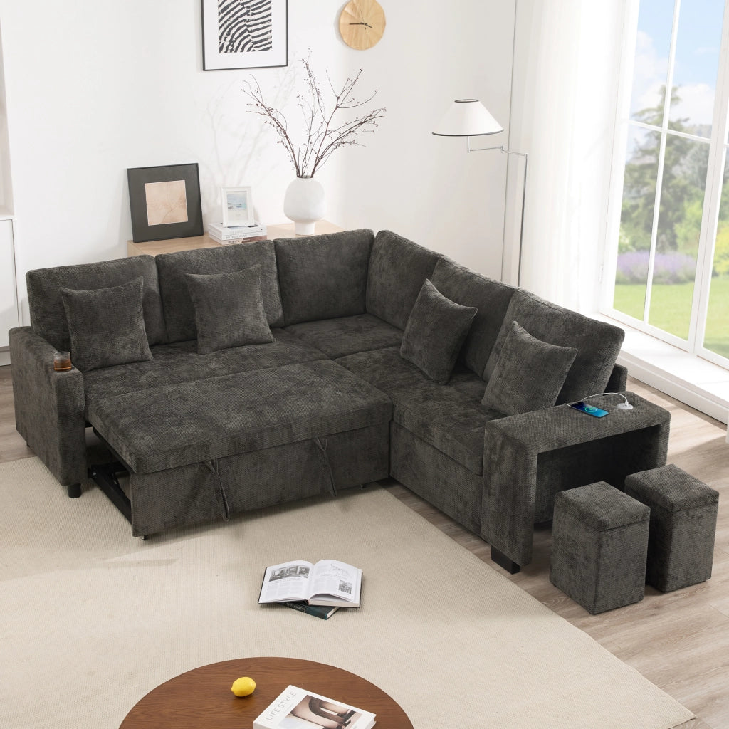 DIVANO ANGOLARE LETTO 220x205x86,5 cm Chenille Grigio con Pouf e 4 Cuscini