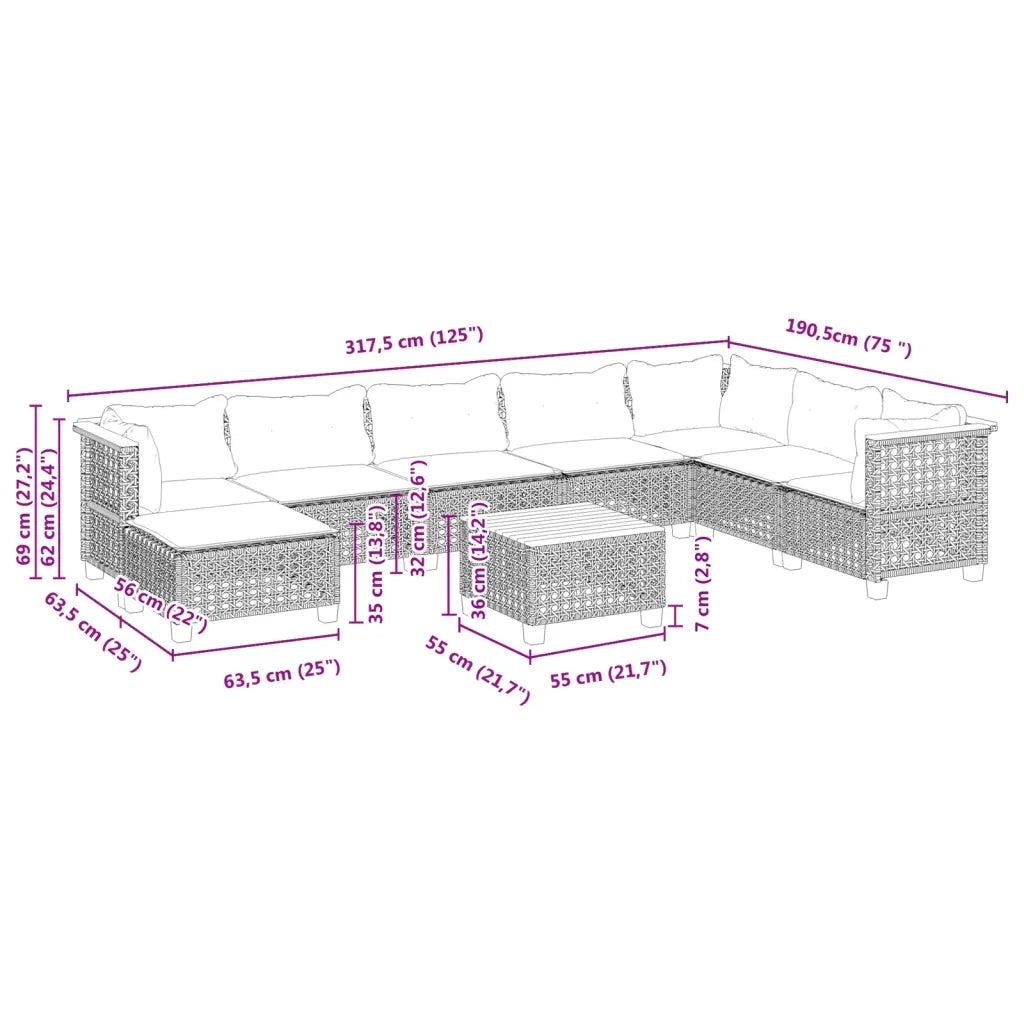 Set Divano da Giardino 9 pz con Cuscini Grigio in Polyrattan 3261963