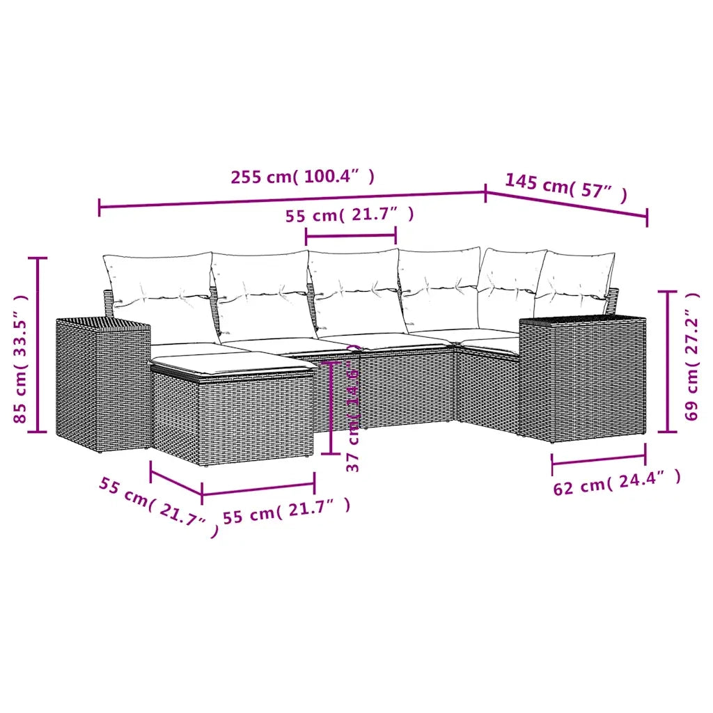 Set Divano da Giardino 6 pz con Cuscini Nero in Polyrattan 3222854