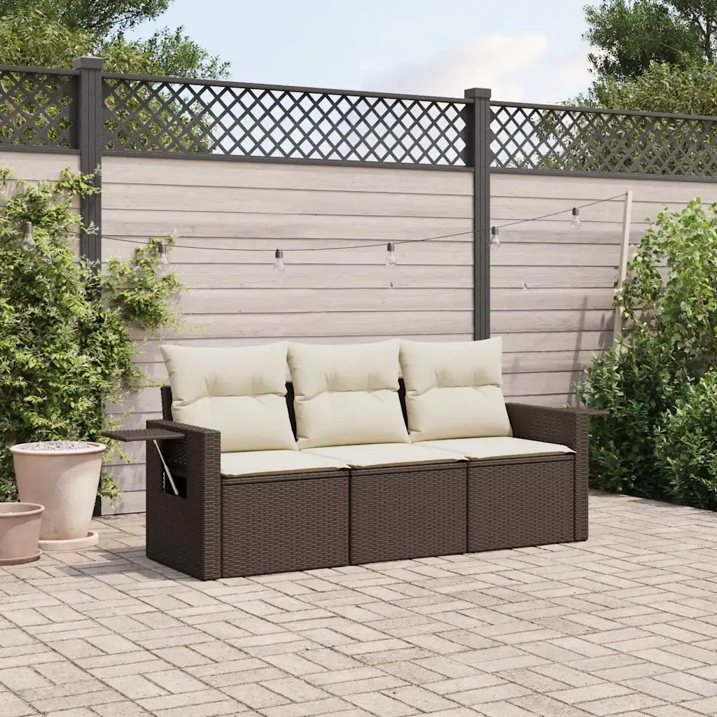 Set Divano da Giardino 3 pz | Set Salotto da Giardino con Cuscini Marrone in Polyrattan