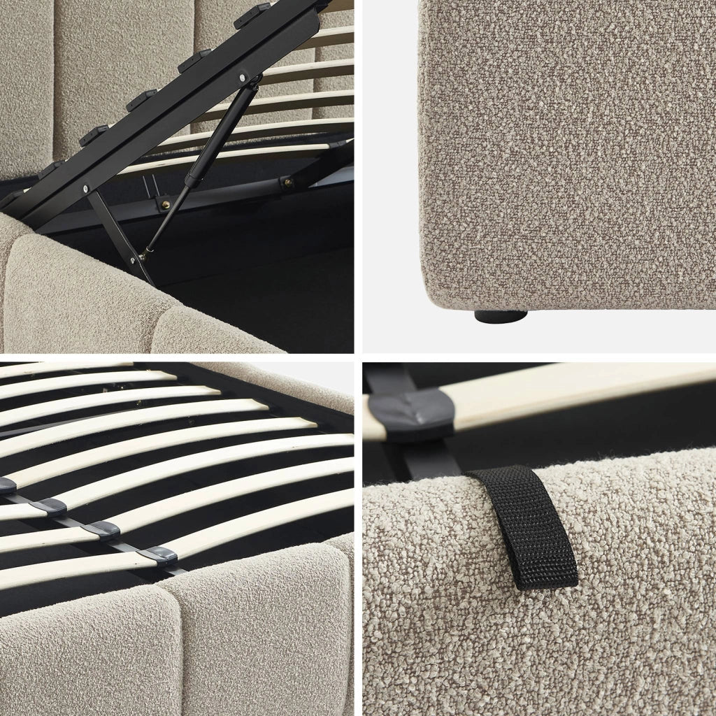 Letto contenitore con rete a doghe e testiera 160x200cm, bouclé ,