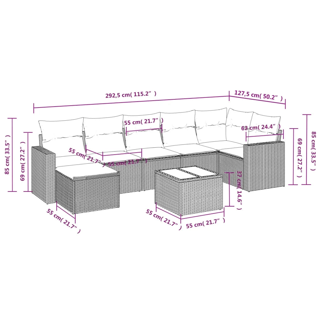 Set Divano da Giardino 8pz con Cuscini Grigio Chiaro Polyrattan