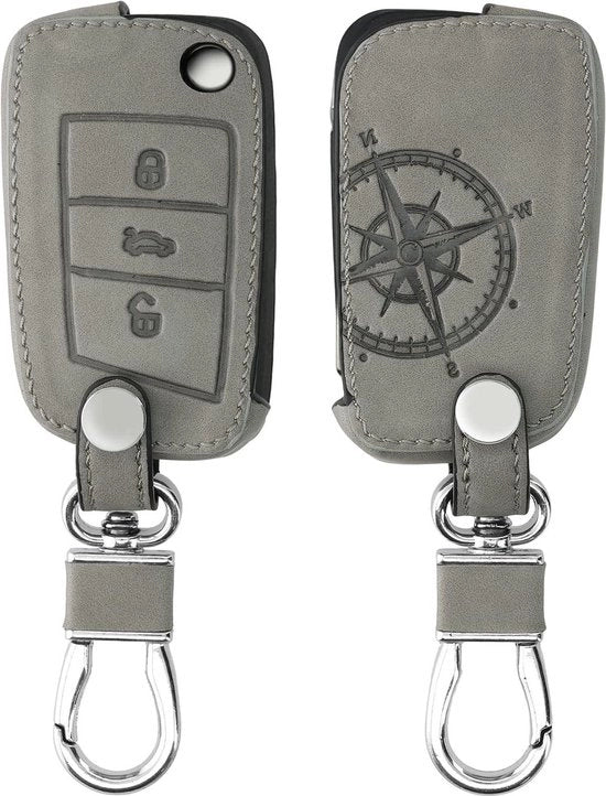 Coprimessa compatibile con VW Golf 7 MK7 chiave tascabile 3 bottoni - pelle imitante - Compas Vintage - grigio - coprimessa accessori auto.