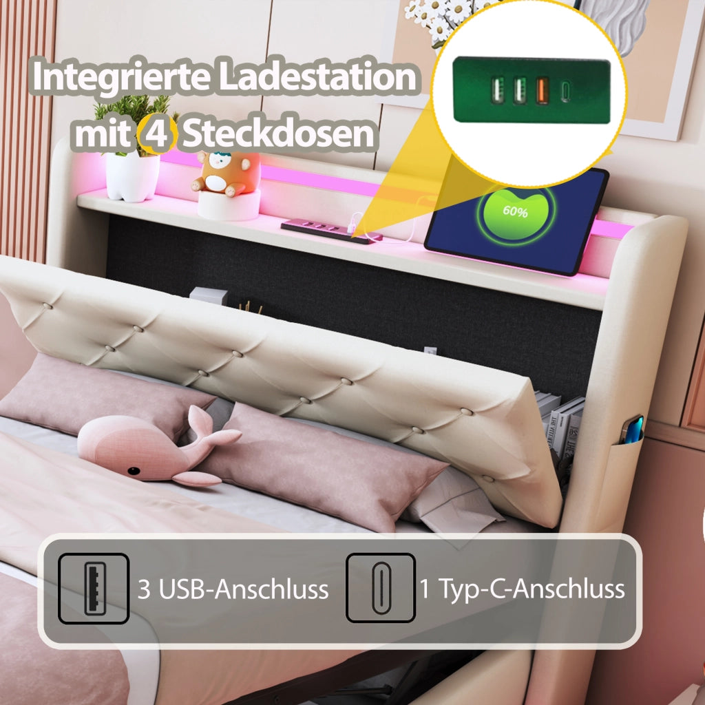 LETTO Imbottito 90x200 cm Beige con LED, USB e contenitore idraulico