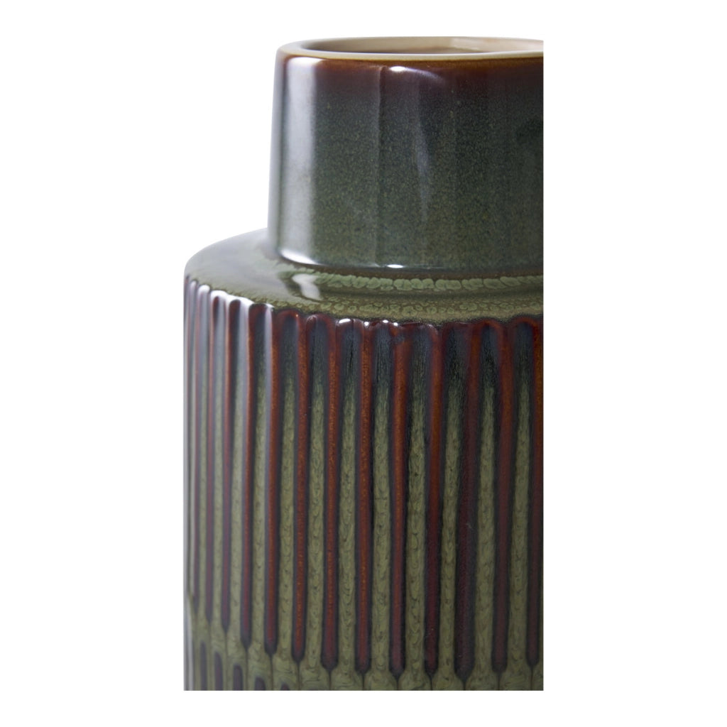Vaso in ceramica verde e marrone con scanalature verticali ø16×h30 cm