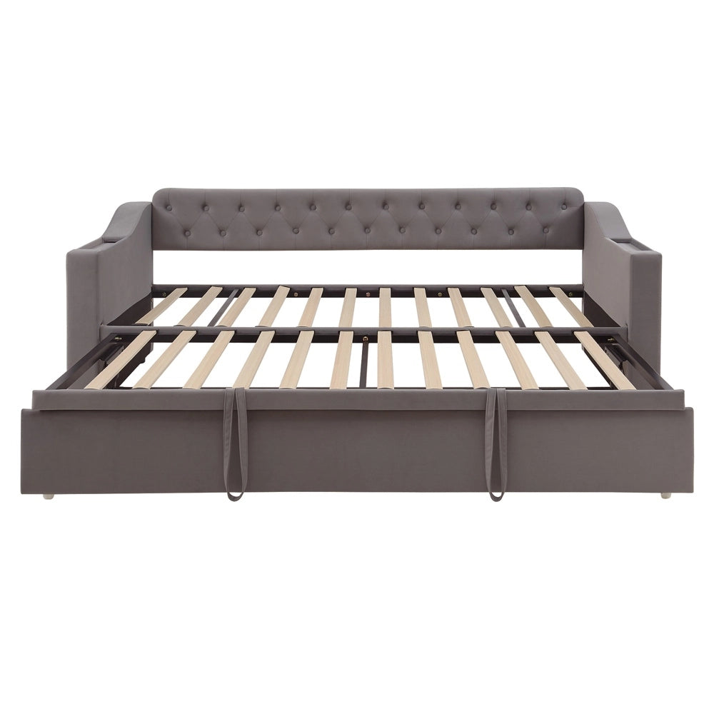 Divano letto - Xylo - 90/180x190 cm braccioli USB velluto grigio scuro