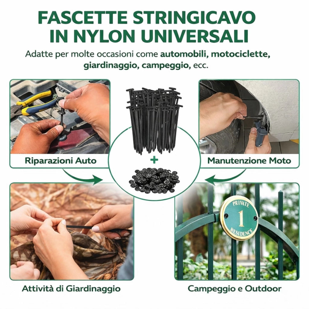 20 Fascette Nylon Auto + Clip Rivetto a Bottone Autobloccanti Fissaggio Paraurti
