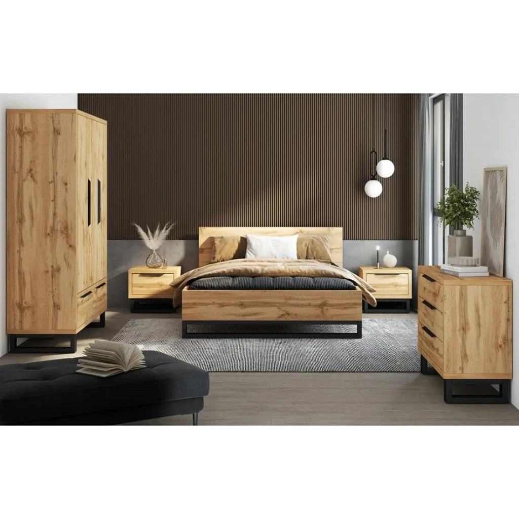 Set letto 160x200 e due comodini stile industriale - Collezione MILOS. Colori quercia grezza e nero. Rete inclusa