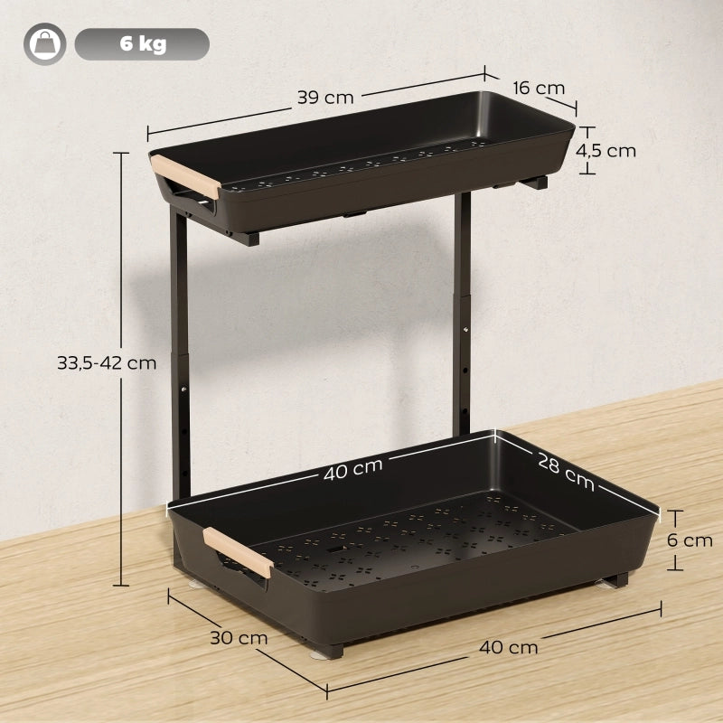 Scaffale da cucina regolabile con 2 cestelli, 40 x 30 x 33,5-42 cm, nero