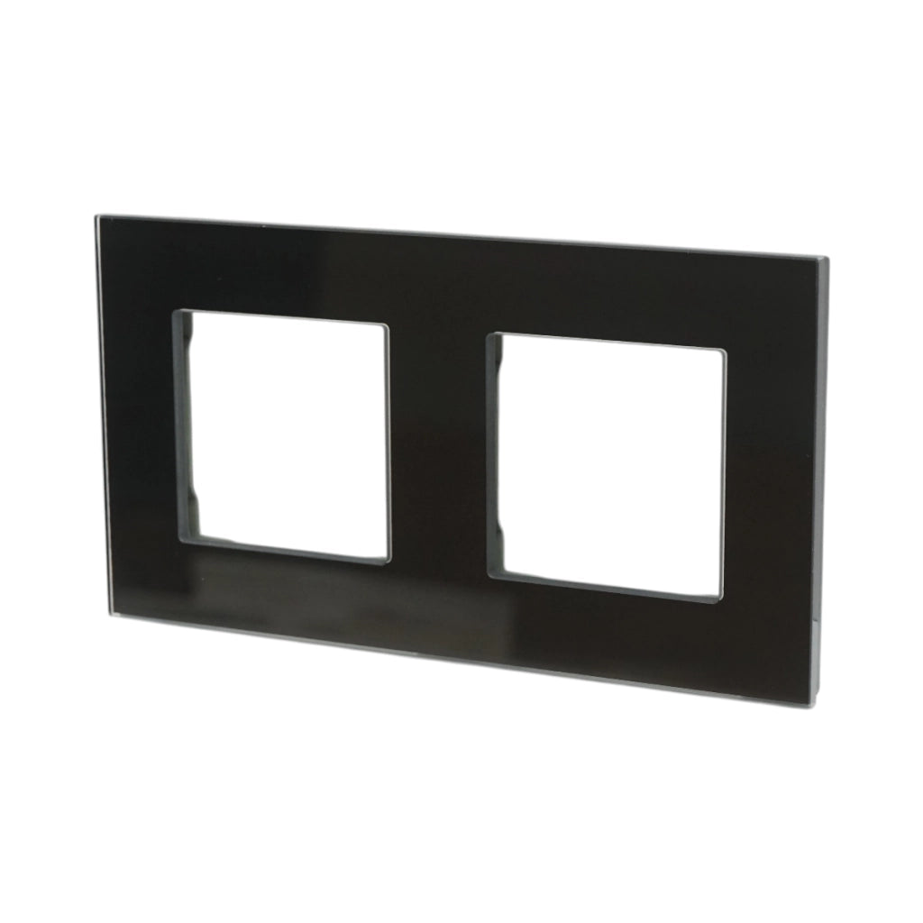 Cornice doppia in vetro nero per presa e interruttore 86x157 mm