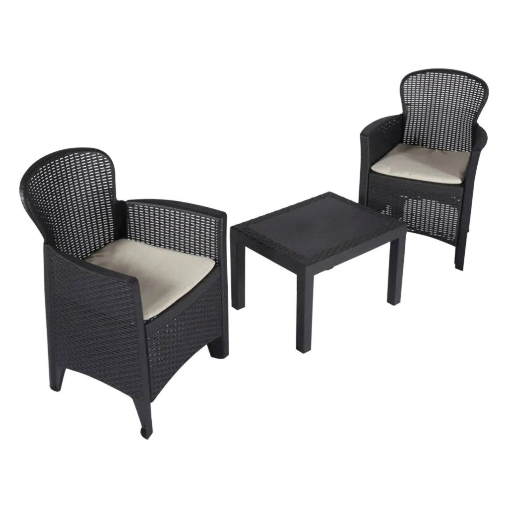 Set salotto da esterno Aneta, Set da giardino con cuscini composto da 2 poltrone e 1 tavolino, Salottino indoor, 100% Made in Italy, Cm 60x58h86, Antracite
