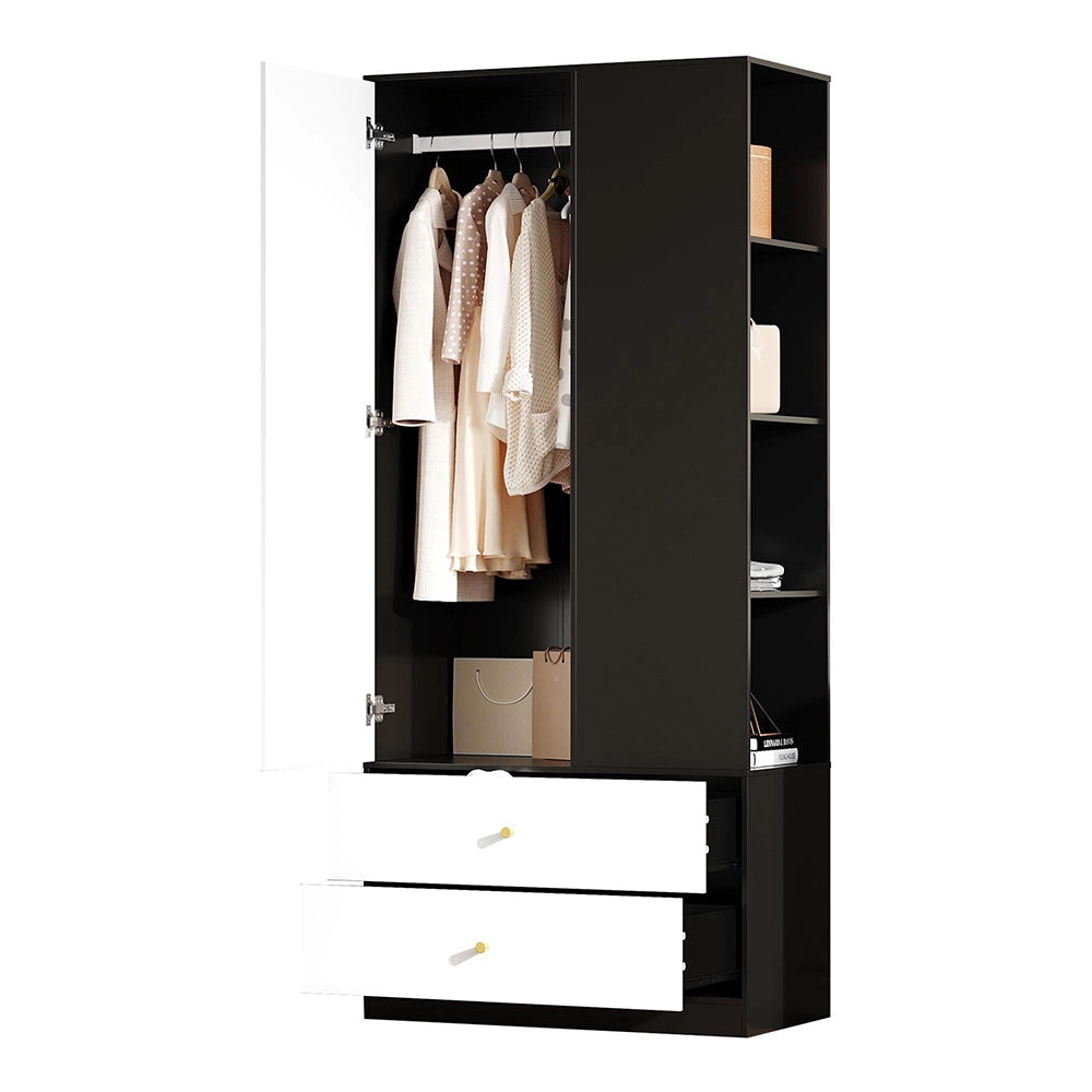 Armadio con specchio e porta - Xylo - 80x40x180 cm - Bianco e nero - 2 cassetti e 4 ripiani