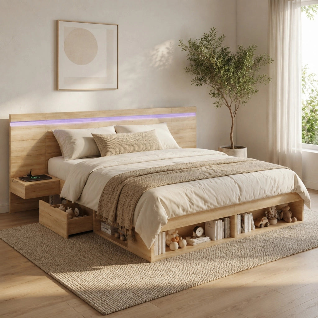 Letto matrimoniale contenitore in MDF naturale con LED; USB e USB-C; con comodini integrati