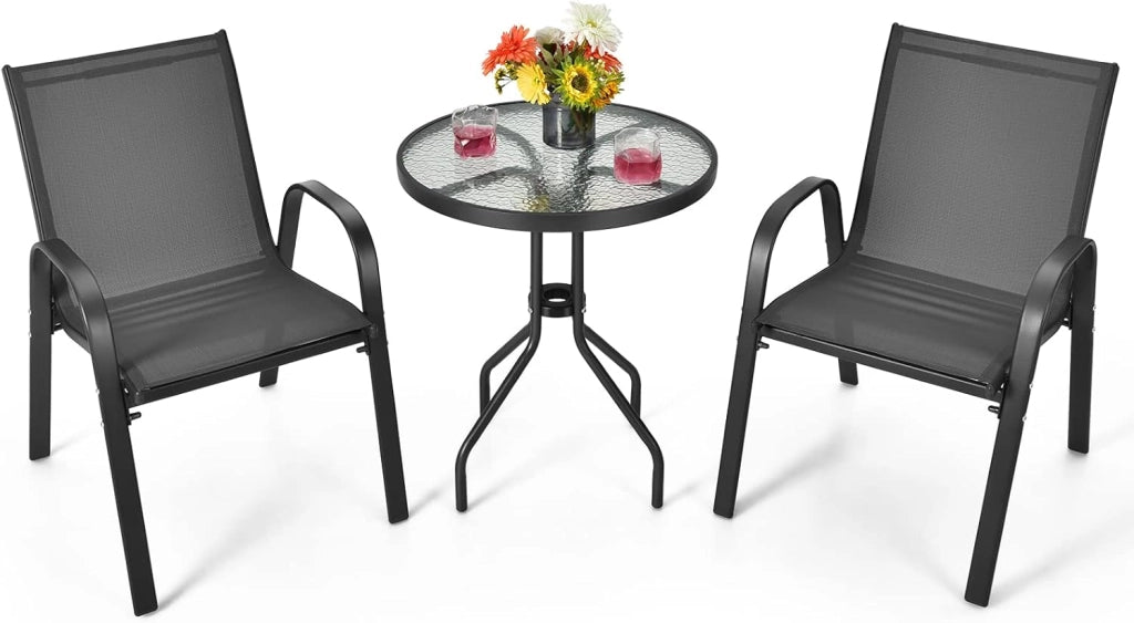 Tavoli con 2 Sedie da Giardino in Acciaio Antiruggine e Tessutto Traspirante, Set di Mobili da Esterno con Tavolino Rotondo in Vetro e Sedie Ergonomiche, Ideale per Balcone e Cortile