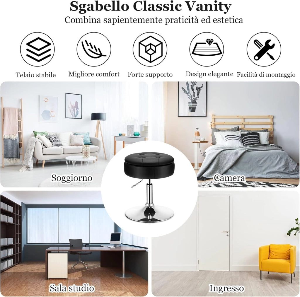 Sgabello Girevole Altezza Regolabile con Portaoggetti, Poggiapiedi Sgabelli da Trucco, Tavolino da Caffè, Sgabello da Lavoro Rotondo in Finta Pelle per Bar, Ufficio, Soggiorno, Camera (Nero)