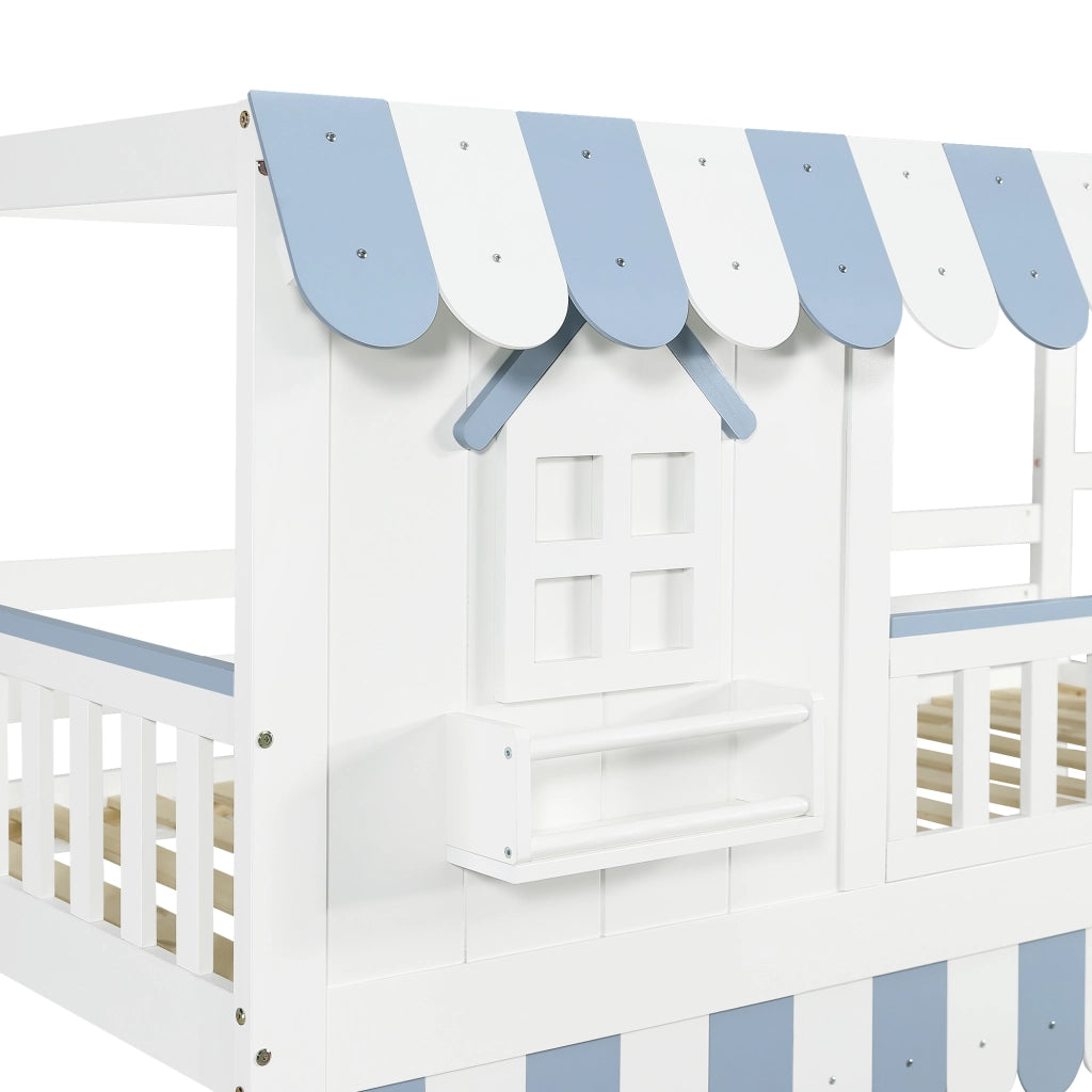 LETTO A CASTELLO per bambini 90x200 cm Bianco+Blu con scala contenitore