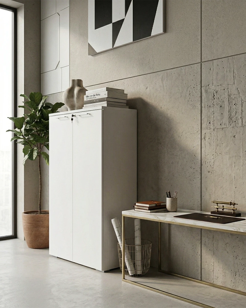 Armadio ufficio Utah - Mobile archivio 2 ante con serratura - 3 mensole incluse - L. 90 x H. 160 x P. 42,5 cm – Bianco_