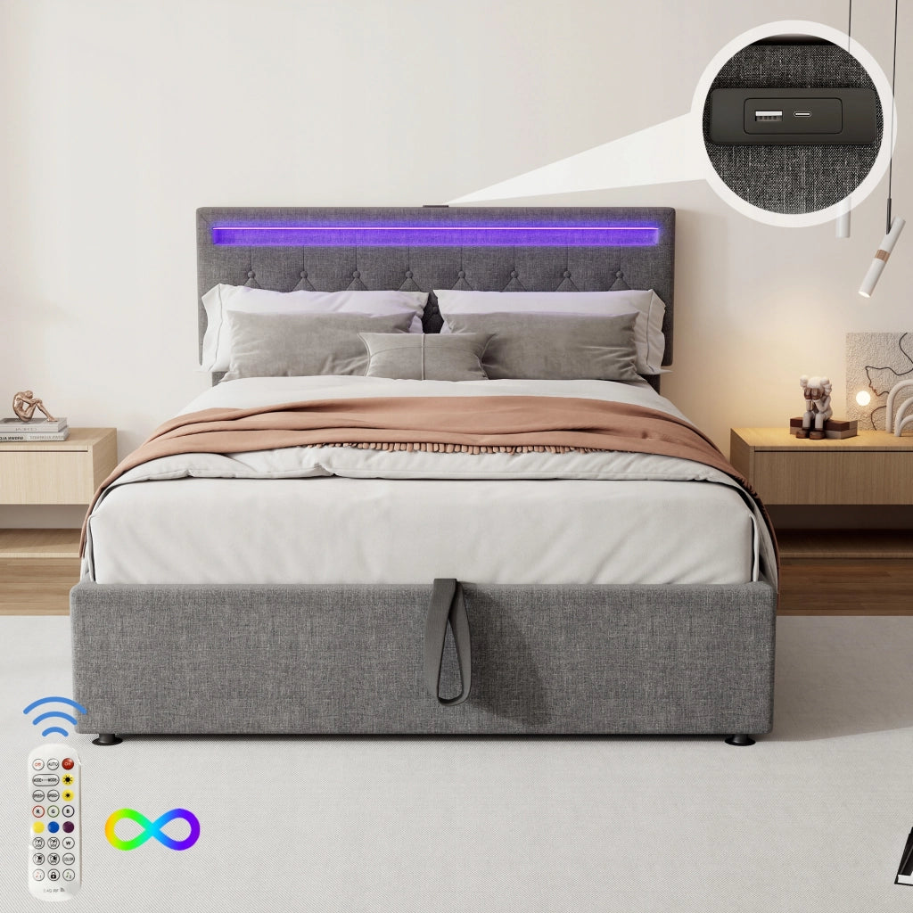 Letto 140x200 con LED e USB - Xylo - Idraulico, Grigio
