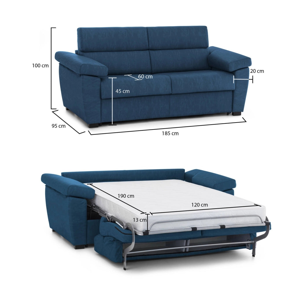 Seui, Divano Letto 2 Posti Sfoderabile Made in Italy, 185x95 cm blu