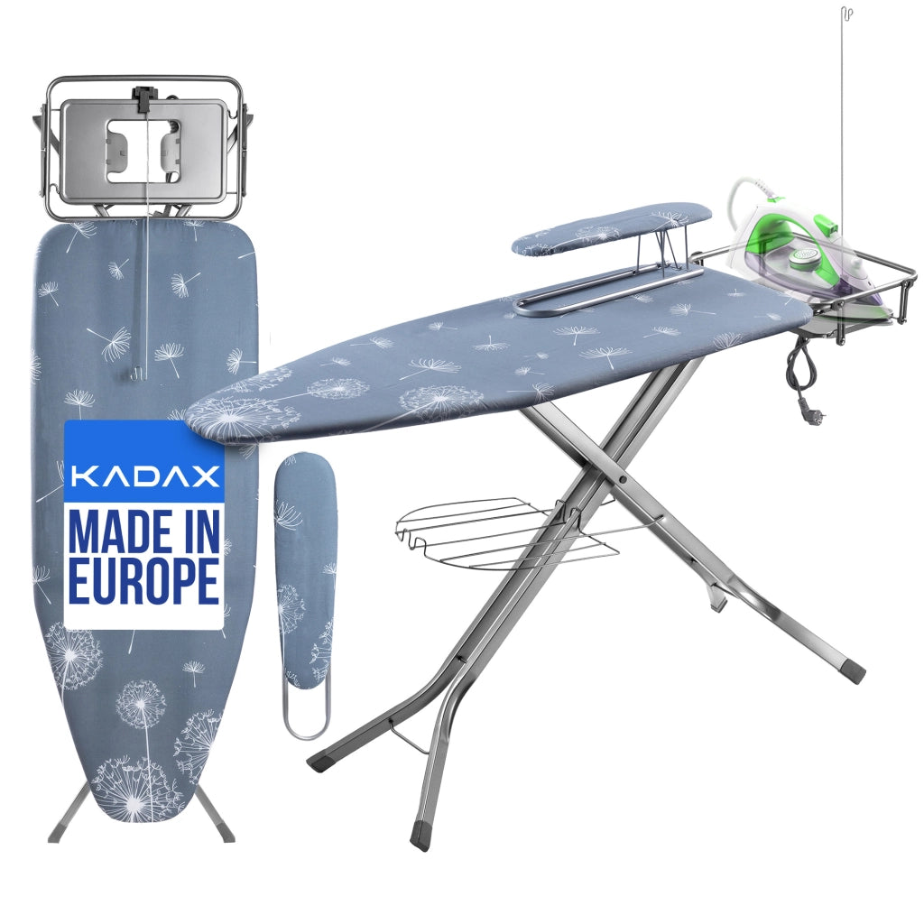 Asse da stiro KADAX 130x48 cm, grande, con supporto per ferro da stiro e porta-manicotto.