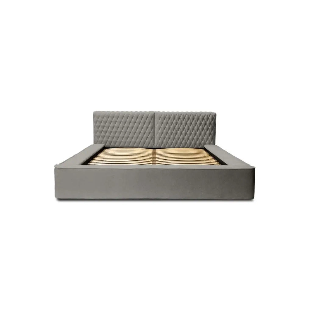 Letto contenitore VERNON – Tessuto ciniglia bouclé cenere taupe – 180x200 cm – Rete sollevabile – Design di alta gamma