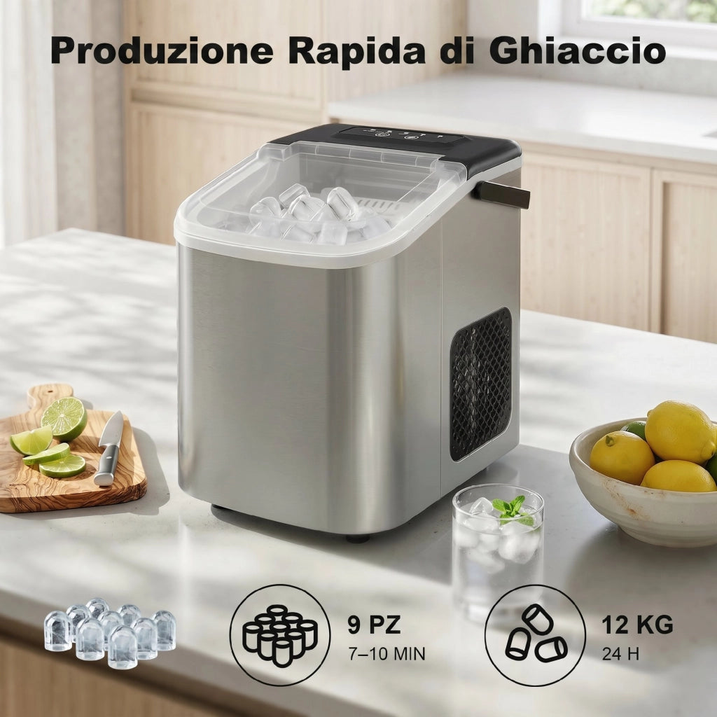 Macchina per Ghiaccio 28,3x22,6x29,9 cm Produzione 12kg in 24 Ore 9 Cubetti in 7-10 Minuti con Sistema Autopulente