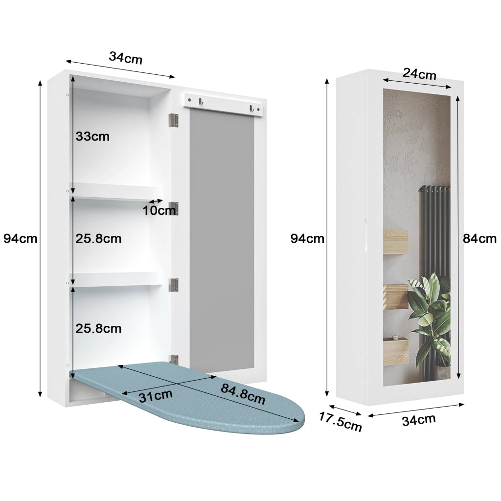 Mobiletto da parete con asse da stiro pieghevole e specchio, bianco in MDF