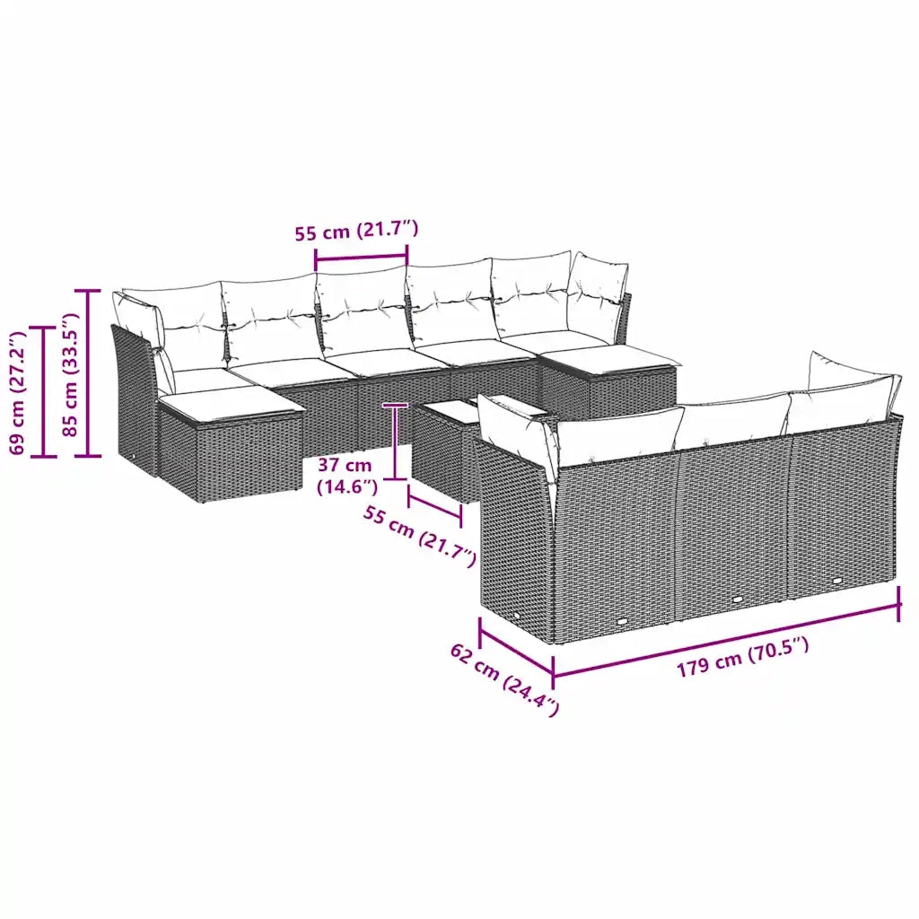 Set Divani da Giardino 11 pz con Cuscini in Polyrattan Grigio 3250181