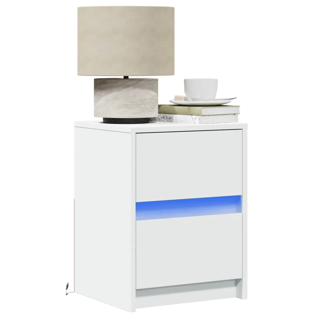 Comodini con Luci LED 2pz Bianchi in Legno Multistrato 852034