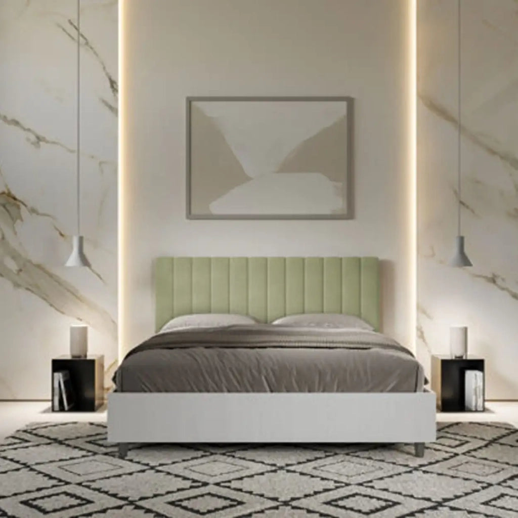 Letto matrimoniale con rete 160x200 bianco frassino testata microfibra tè verde Kaia