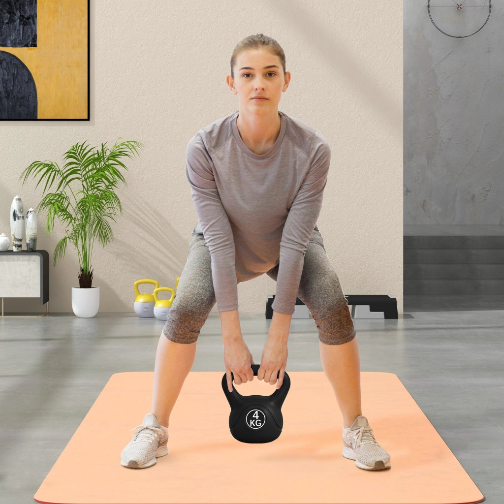 Kettlebell 4kg in Plastica e Sabbia con Base Piatta e Impugnatura, 18x12x20 cm, Nero