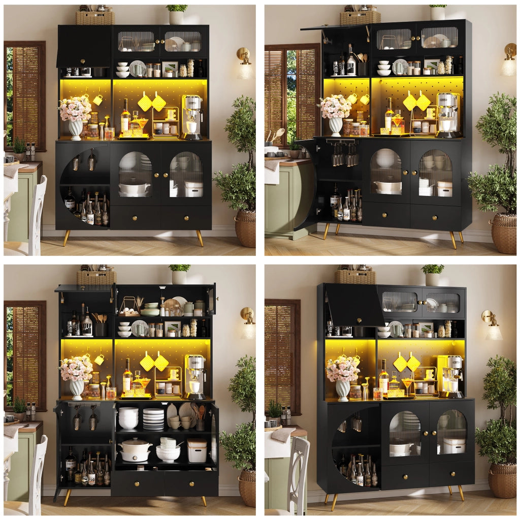 ARMADIO ALTO 120x40x176 cm Nero in MDF e vetro con LED, prese USB