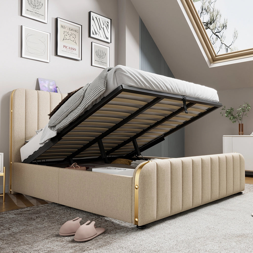 Letto con testiera imbottita - Xylo - 180x200 cm - Beige - Funzione di ricarica USB Type-C