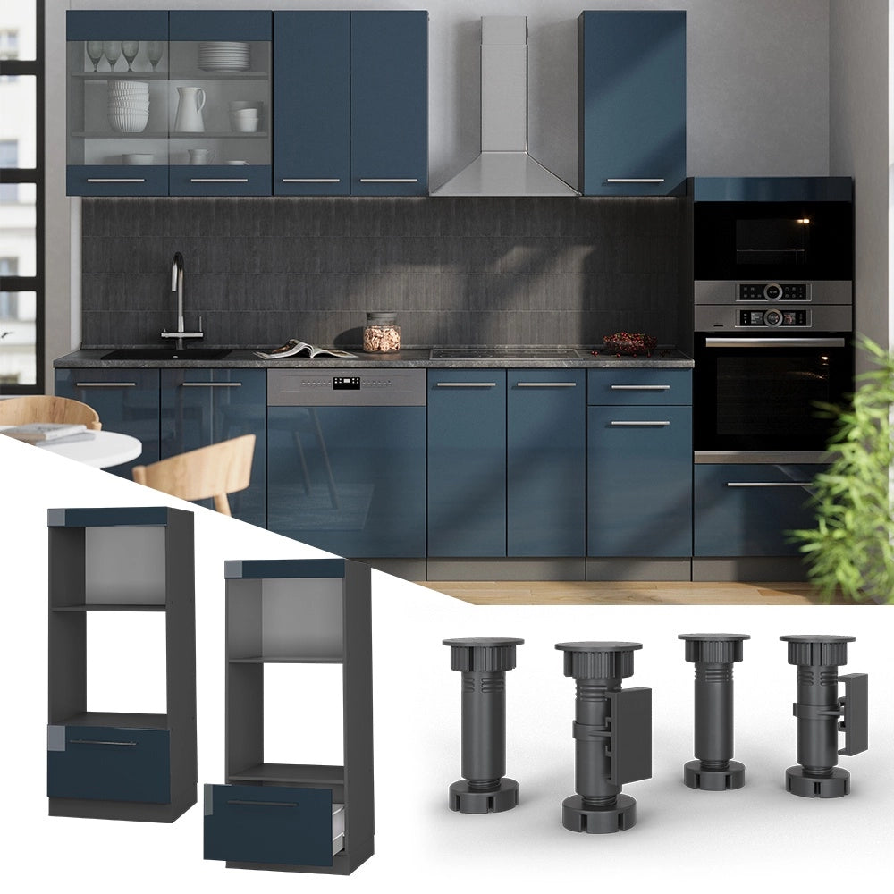 Mobile cucina microonde Fame-Line Blu scuro lucido/Antracite 60 cm aperto Vicco