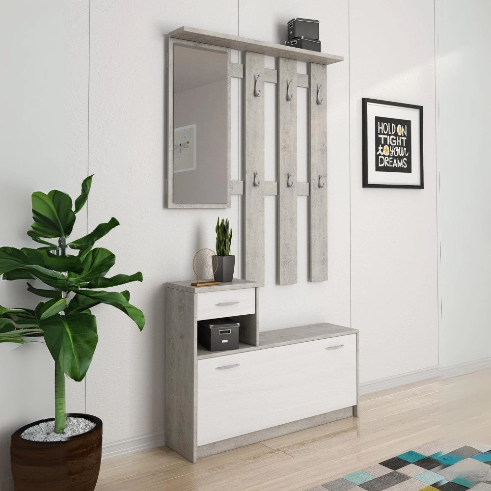 Mobile ingresso Rudolf con scarpiera colore beton e bianco 100x25,5x190