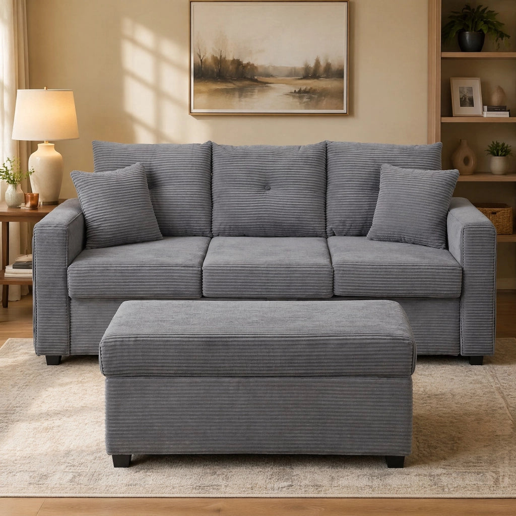 DIVANO modulare a L con pouf, LED, set 5 cuscini, corduroy grigio anticato