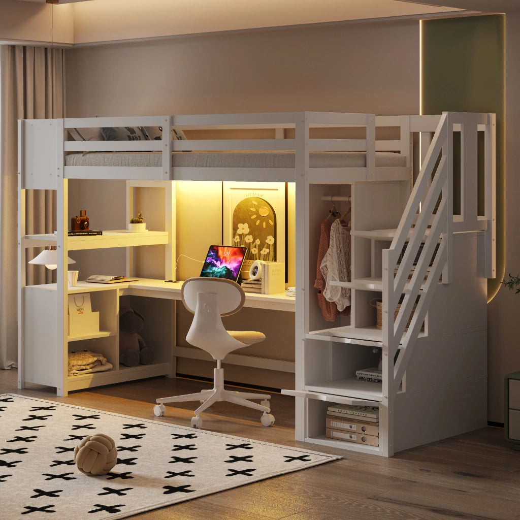 Letto a Soppalco con Scrivania e Armadio ¨C MINIMAL ¨C Legno Bianco, LED, 90x200