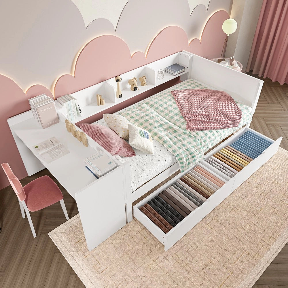 Letto Singolo con Scrivania e Cassetti ¨C MINIMAL ¨C Pino e Multistrato, Bianco, 90x200