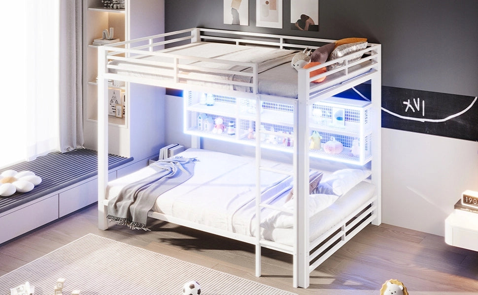 Letto a castello 140x200 con armadietti e LED - Xylo - Bianco